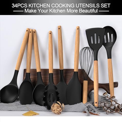 CACOLES Silicone Cooking Utensils Set, 43Pcs Non-Stick Heat Resistant Kitchen Utensils Spatula Set with Wooden Handle for Baking, Cooking, and Mixing, Best Kitchen Gadgets Tools with Holder (Black) - Image 2