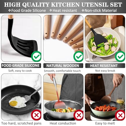 CACOLES Silicone Cooking Utensils Set, 43Pcs Non-Stick Heat Resistant Kitchen Utensils Spatula Set with Wooden Handle for Baking, Cooking, and Mixing, Best Kitchen Gadgets Tools with Holder (Black) - Image 4