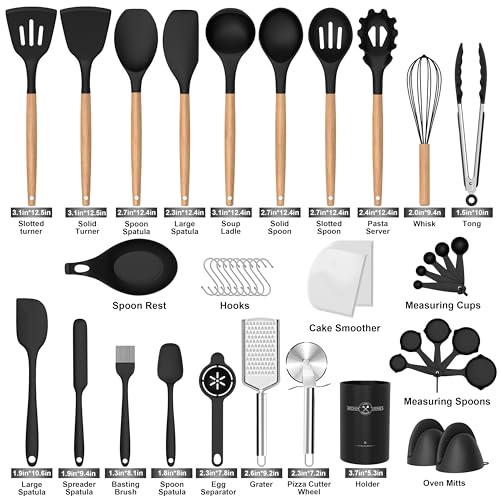 CACOLES Silicone Cooking Utensils Set, 43Pcs Non-Stick Heat Resistant Kitchen Utensils Spatula Set with Wooden Handle for Baking, Cooking, and Mixing, Best Kitchen Gadgets Tools with Holder (Black) - Image 3
