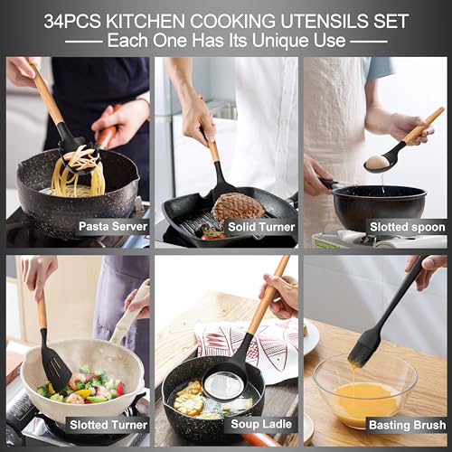 CACOLES Silicone Cooking Utensils Set, 43Pcs Non-Stick Heat Resistant Kitchen Utensils Spatula Set with Wooden Handle for Baking, Cooking, and Mixing, Best Kitchen Gadgets Tools with Holder (Black) - Image 5