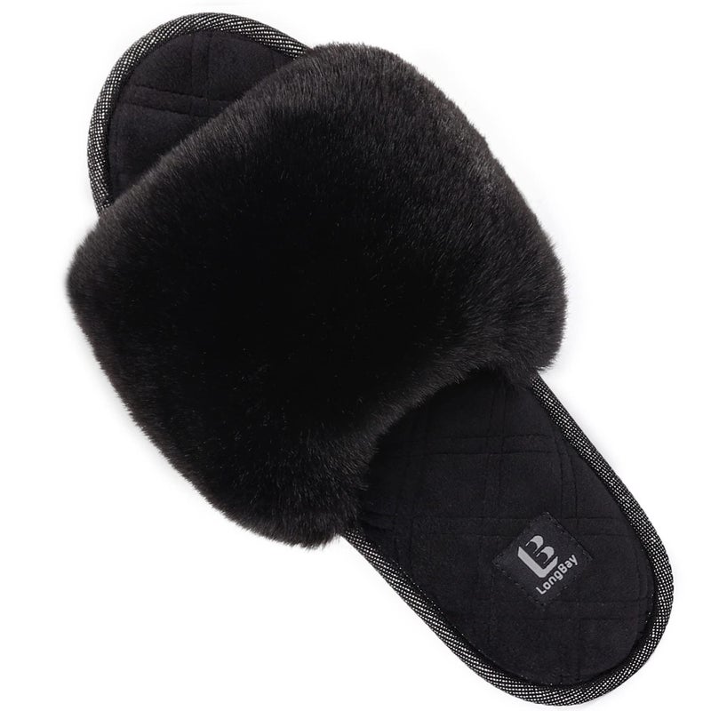 LongBay Women's Open Toe Slippers Fuzzy Fluffy Memory Foam Comfy Slip On Indoor Bedroom Home Slide (Small / 5-6, Black) - Image 1