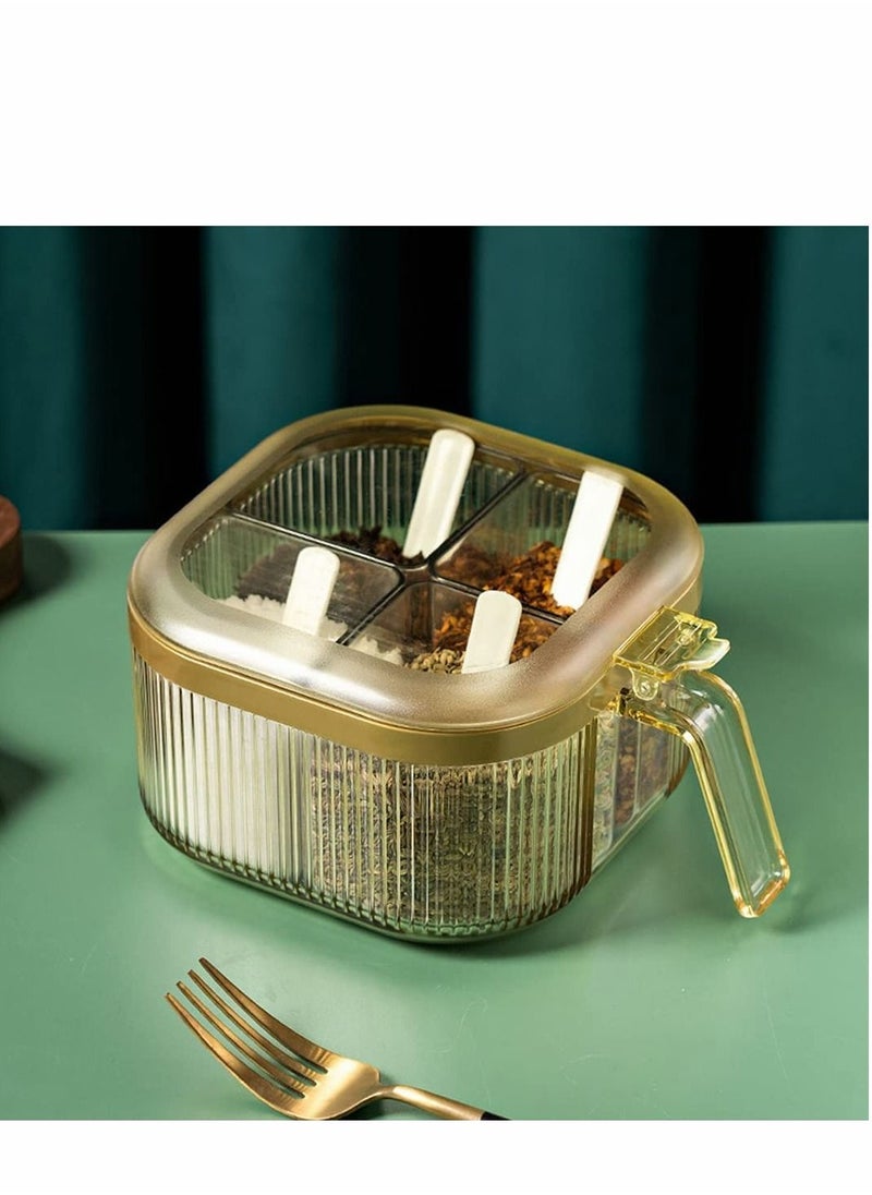 NIBEMINENT - 4 Compartments Seasoning Box With Lid,Clear Storage Container,Seasoning with Cover and Serving Spoons,Kitchen Condiment Jars,Plastic Set(Yellow) - Image 1