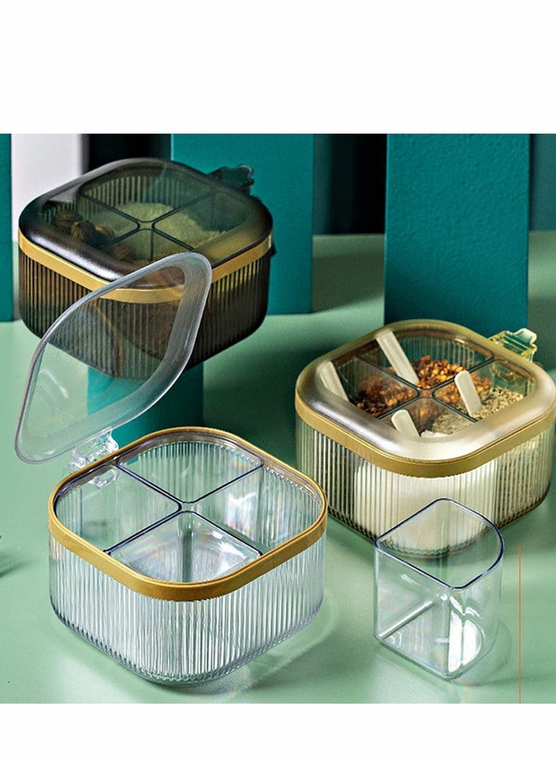 NIBEMINENT - 4 Compartments Seasoning Box With Lid,Clear Storage Container,Seasoning with Cover and Serving Spoons,Kitchen Condiment Jars,Plastic Set(Yellow) - Image 1