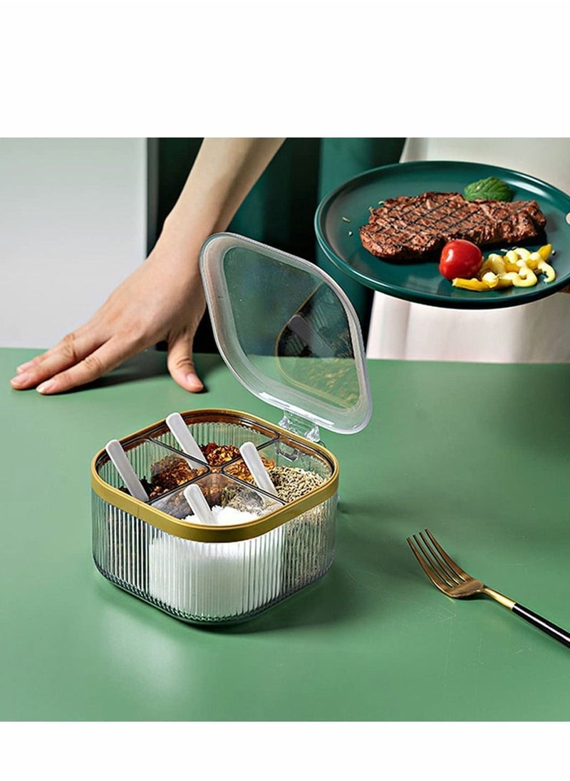 NIBEMINENT - 4 Compartments Seasoning Box With Lid,Clear Storage Container,Seasoning with Cover and Serving Spoons,Kitchen Condiment Jars,Plastic Set(Yellow) - Image 1