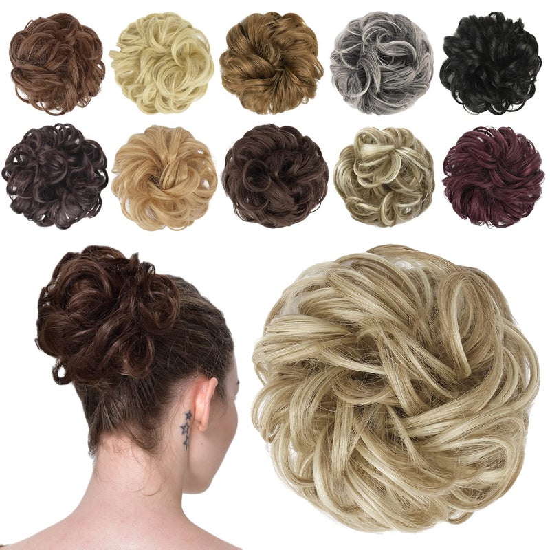 FESHFEN Messy Bun Hair Piece  Elastic Wavy Curly Hair Bun Scrunchies Extensions Synthetic Chignon Hairpieces for Women Girls Light Ash Brown  Bleach Blonde 1 PCS