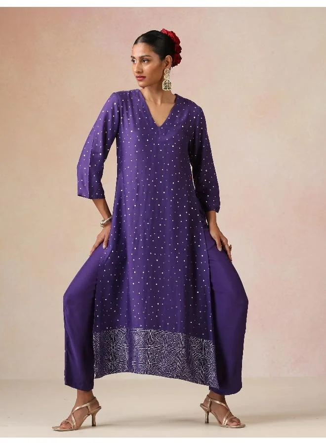 trueBrowns trueBrowns Purple Silver Foil Print Muslin Silk Straight High-Slit Kurta Set