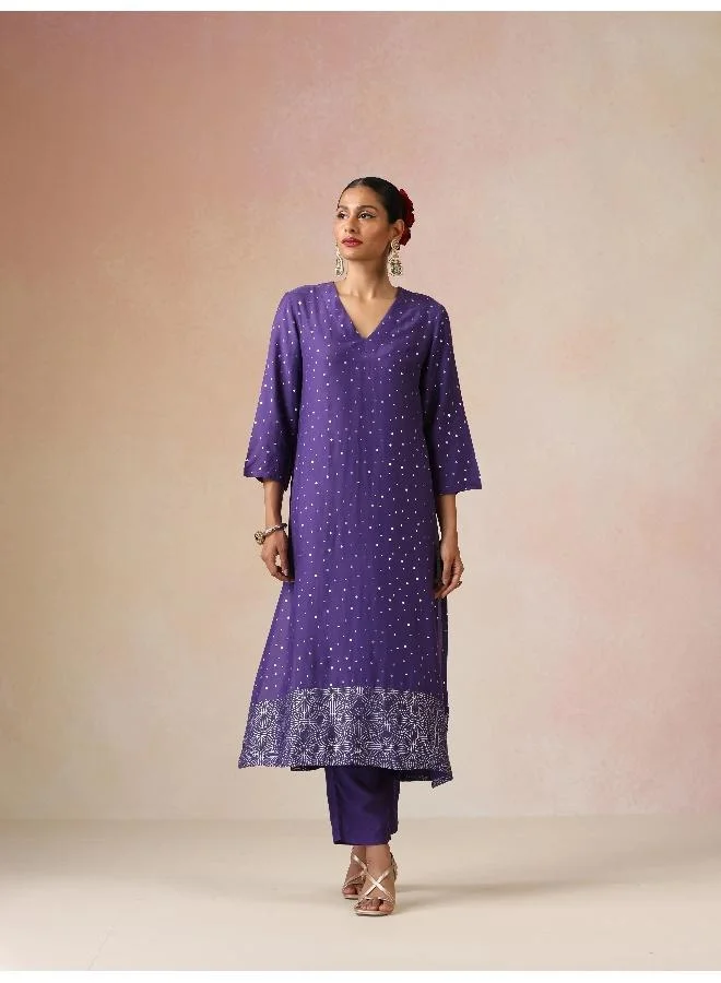 trueBrowns trueBrowns Purple Silver Foil Print Muslin Silk Straight High-Slit Kurta Set