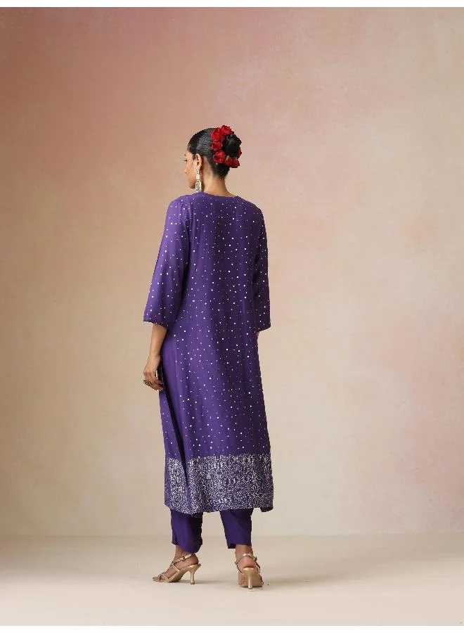 trueBrowns trueBrowns Purple Silver Foil Print Muslin Silk Straight High-Slit Kurta Set