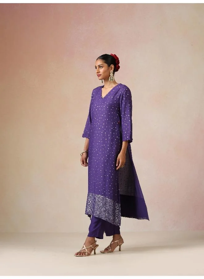trueBrowns trueBrowns Purple Silver Foil Print Muslin Silk Straight High-Slit Kurta Set