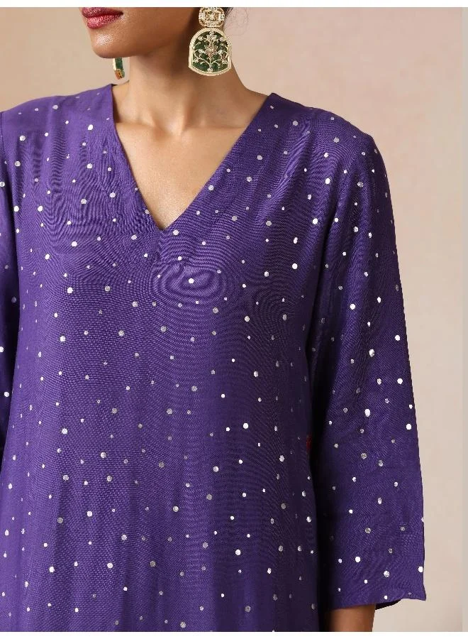 trueBrowns trueBrowns Purple Silver Foil Print Muslin Silk Straight High-Slit Kurta Set