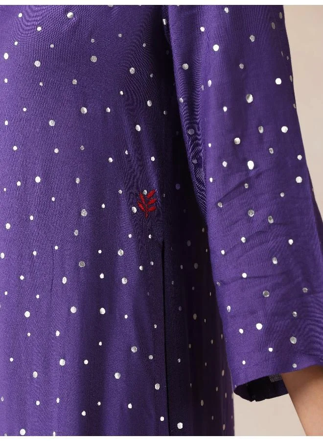 trueBrowns trueBrowns Purple Silver Foil Print Muslin Silk Straight High-Slit Kurta Set