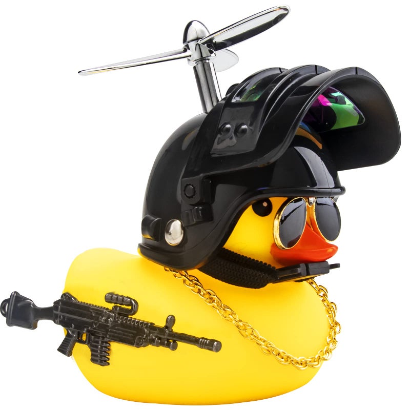 wonuu Rubber Duck Car Ornaments Cool Yellow Duck Car Dashboard Decorations Squeaky Glasses Duck with Propeller Helmet for Car ccessories Dashboard Full_BlackYellow G