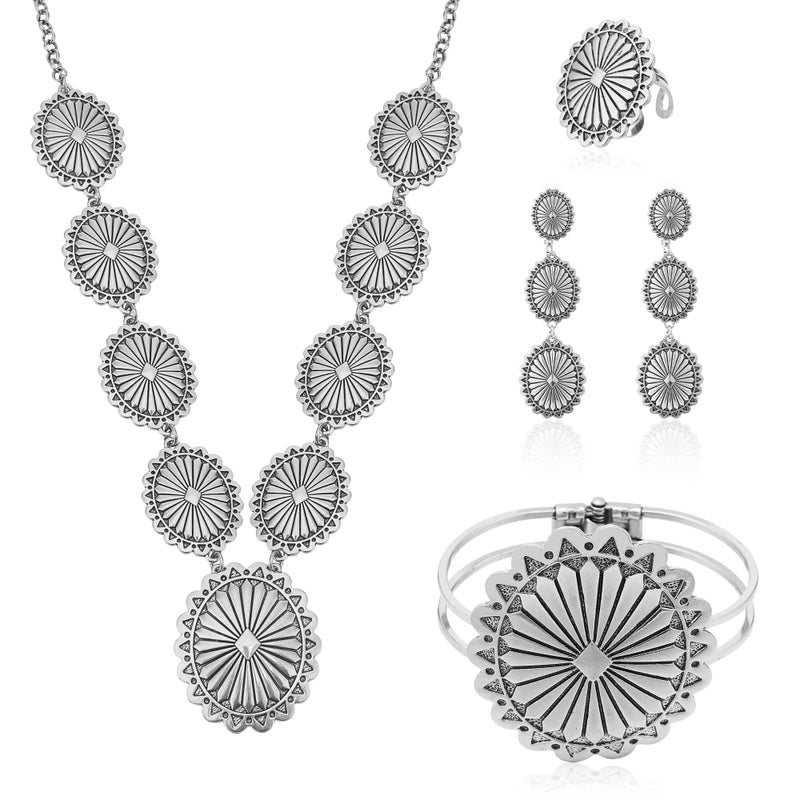 JMScape 4 PCS Western Turquoise Jewelry for Women Boho Vintage Navajo Pearl Necklace Earring Bracelet Ring Set Country Cowgirl Accessories for Gift (J-Silver) - Image 1