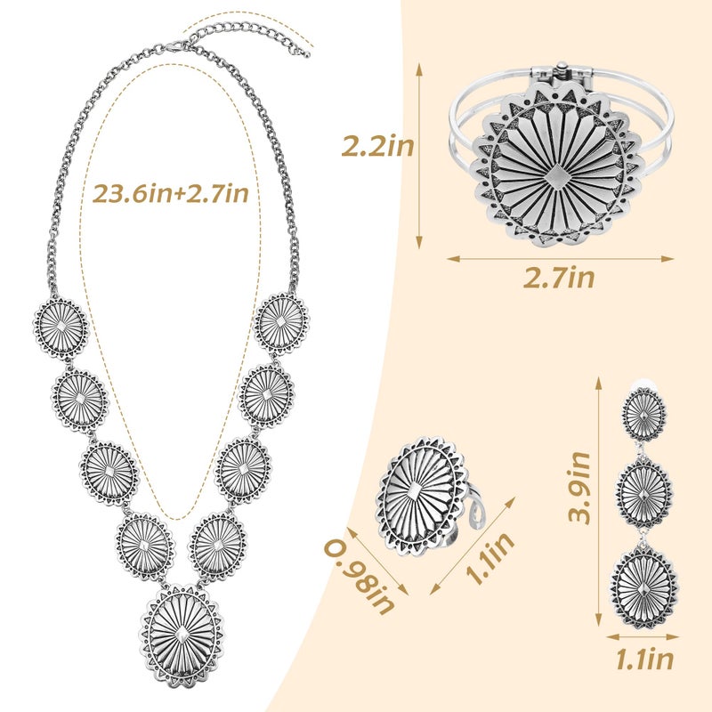 JMScape 4 PCS Western Turquoise Jewelry for Women Boho Vintage Navajo Pearl Necklace Earring Bracelet Ring Set Country Cowgirl Accessories for Gift (J-Silver) - Image 4