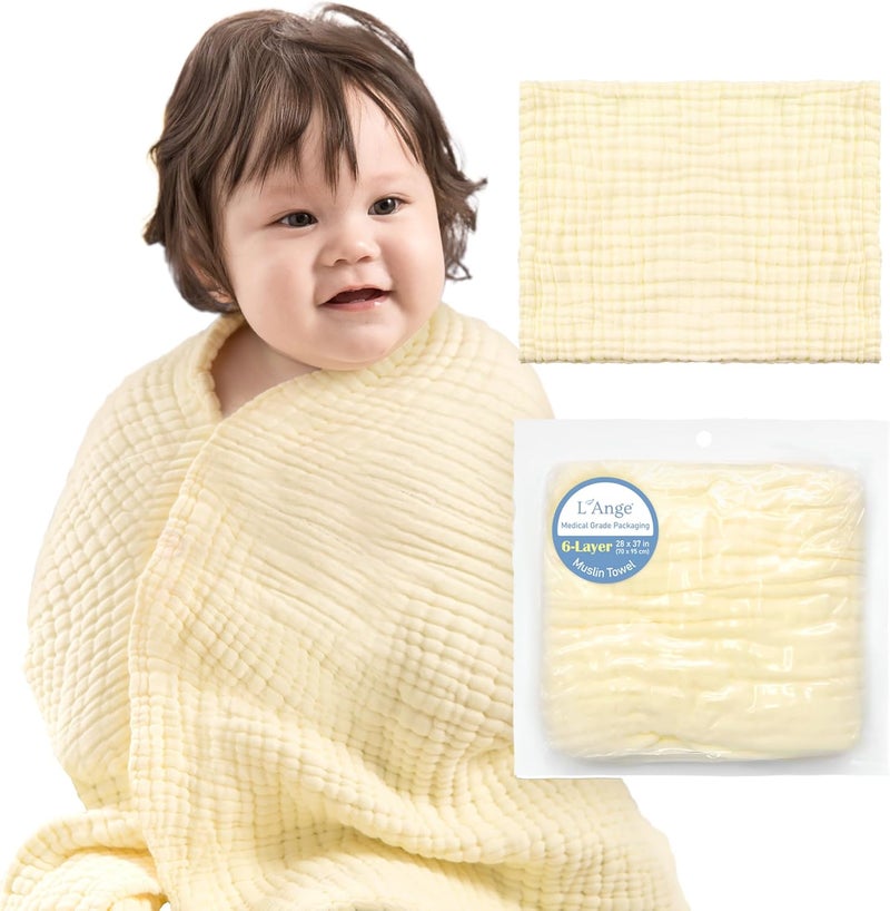 LAnge Baby Towel  100 Cotton Muslin 6 Layers Quick Dry Medical Grade Packaging for Infants and Newborns  28 x 37in  Yellow - Image 1