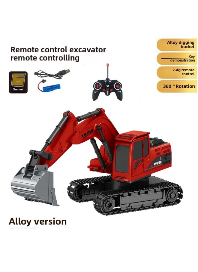 Generic Big Wheel Off-road Vehicle Four-way Racing Jeep Remote Control Pickup Truck Children Remote Control Alloy Excavator Toy Cross-border-Color:Six-way Alloy Bucket Excavator-Red-Proportion:Rechargeable Version (lithium Battery)  - Image 1