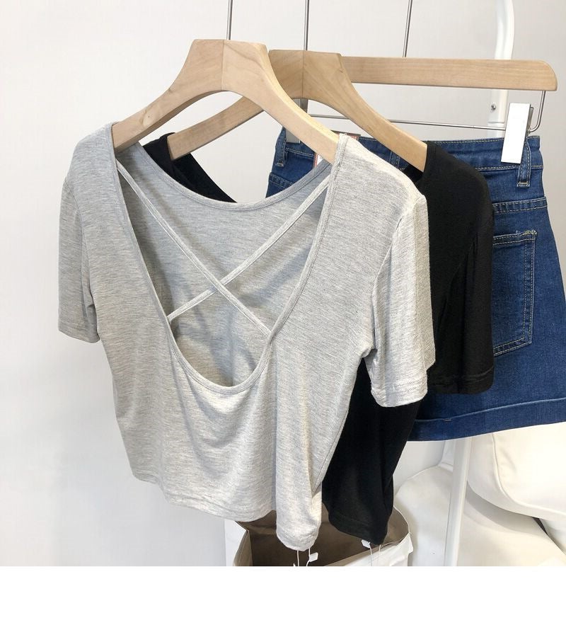 2024 Summer new Korean style slim fit slimming careful machine cross back short bottoming short sleeve T-shirt top for women Gray  - Image 1