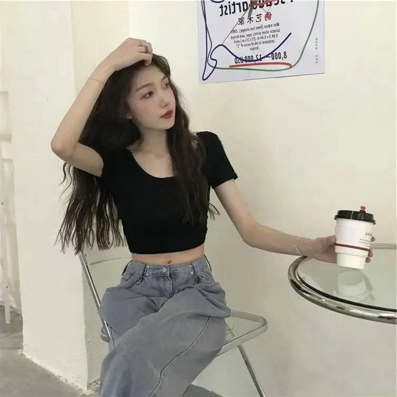 2024 Summer new Korean style slim fit slimming careful machine cross back short bottoming short sleeve T-shirt top for women Gray  - Image 3