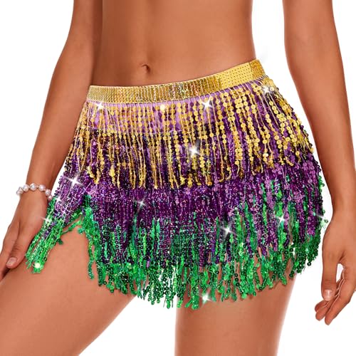 Durio Women Mardi Gras Skirt Belly Dance Hip Scarf Sequin Tassel Skirt Wrap Sparkly Fringe Glitter Mini Skirt for Women Disco Rave Skirt Mardi Gras Outfit for Women Golden-Purple-Green One Size - Image 1