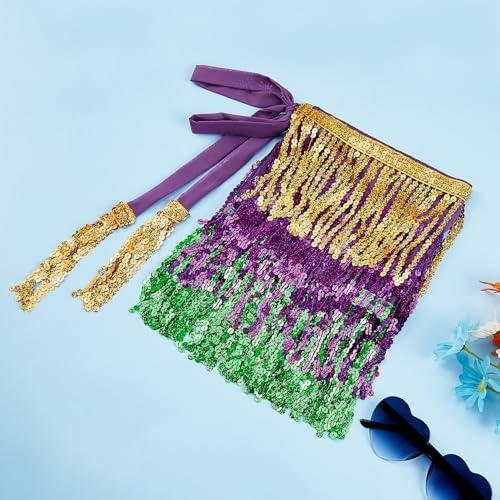 Durio Women Mardi Gras Skirt Belly Dance Hip Scarf Sequin Tassel Skirt Wrap Sparkly Fringe Glitter Mini Skirt for Women Disco Rave Skirt Mardi Gras Outfit for Women Golden-Purple-Green One Size - Image 3