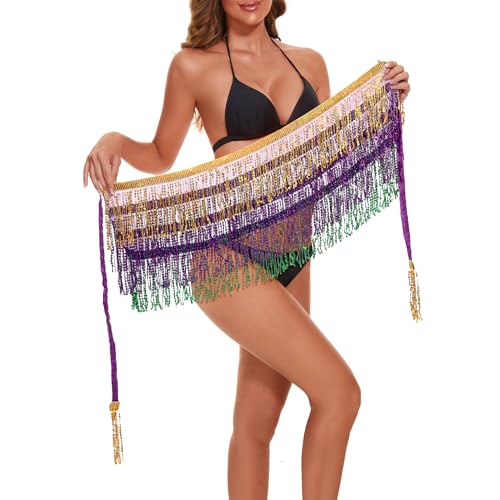 Durio Women Mardi Gras Skirt Belly Dance Hip Scarf Sequin Tassel Skirt Wrap Sparkly Fringe Glitter Mini Skirt for Women Disco Rave Skirt Mardi Gras Outfit for Women Golden-Purple-Green One Size - Image 2