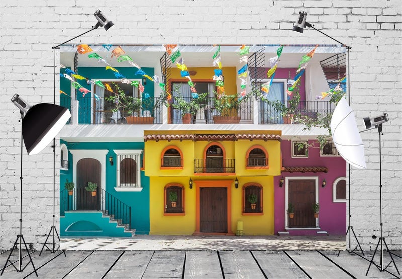 BELECO 7x5ft Fabric Old Streets Backdrop Traditional Colorful Houses Building Paper Flags Mexican Fiesta Background Theme Party Decorations Photo Booth Studio Props - Image 4