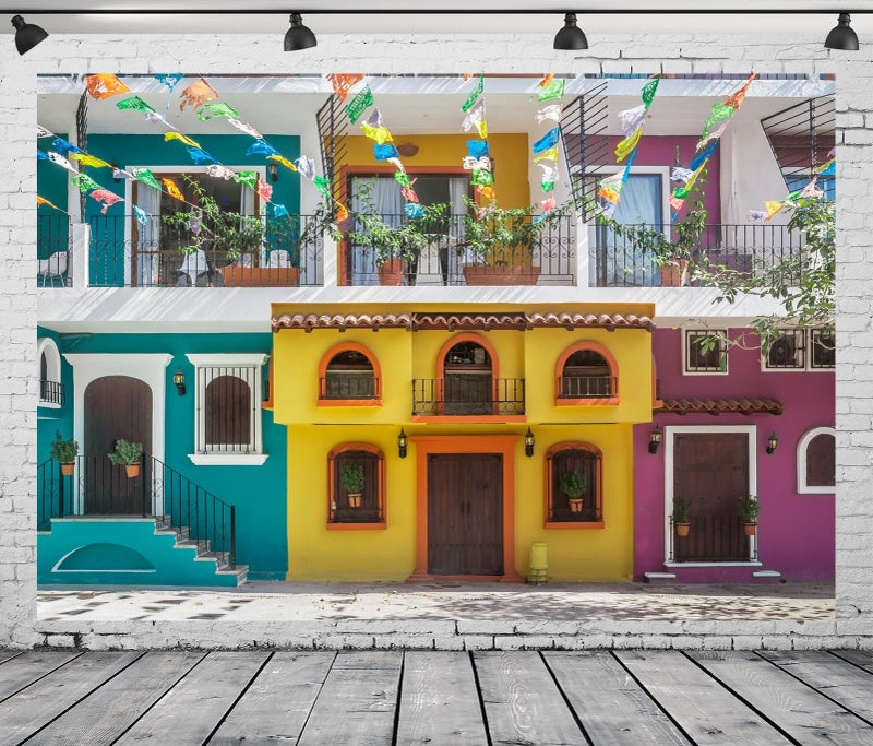 BELECO 7x5ft Fabric Old Streets Backdrop Traditional Colorful Houses Building Paper Flags Mexican Fiesta Background Theme Party Decorations Photo Booth Studio Props - Image 5