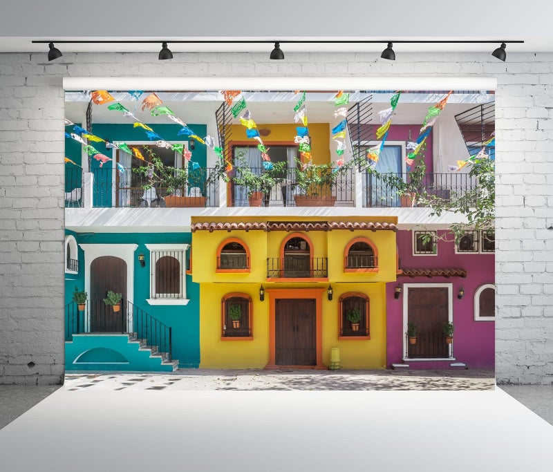 BELECO 7x5ft Fabric Old Streets Backdrop Traditional Colorful Houses Building Paper Flags Mexican Fiesta Background Theme Party Decorations Photo Booth Studio Props - Image 2