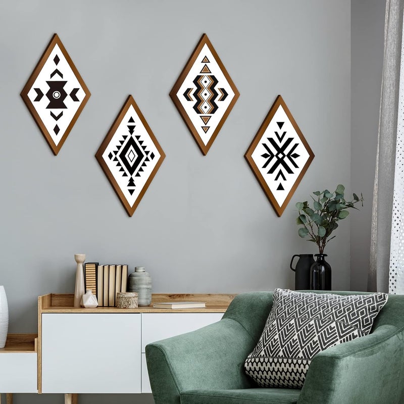 Nuenen 6 Pcs Farmhouse Home Wall Decor Western Aztec Geometric Diamond Frame Wall Hanging Boho Modern Abstract Art Prints Wooden Diamond Sign Decorations for Bedroom Living Room Bathroom - Image 4