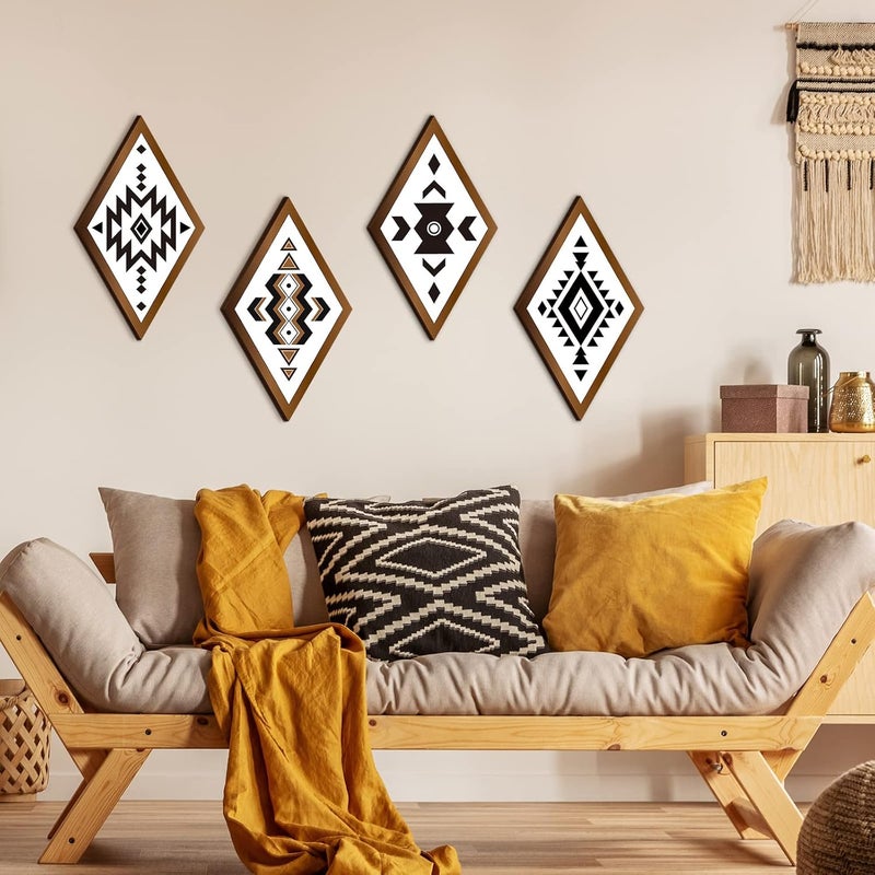 Nuenen 6 Pcs Farmhouse Home Wall Decor Western Aztec Geometric Diamond Frame Wall Hanging Boho Modern Abstract Art Prints Wooden Diamond Sign Decorations for Bedroom Living Room Bathroom - Image 5