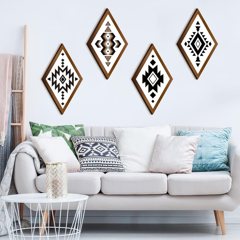 Nuenen 6 Pcs Farmhouse Home Wall Decor Western Aztec Geometric Diamond Frame Wall Hanging Boho Modern Abstract Art Prints Wooden Diamond Sign Decorations for Bedroom Living Room Bathroom - Image 3