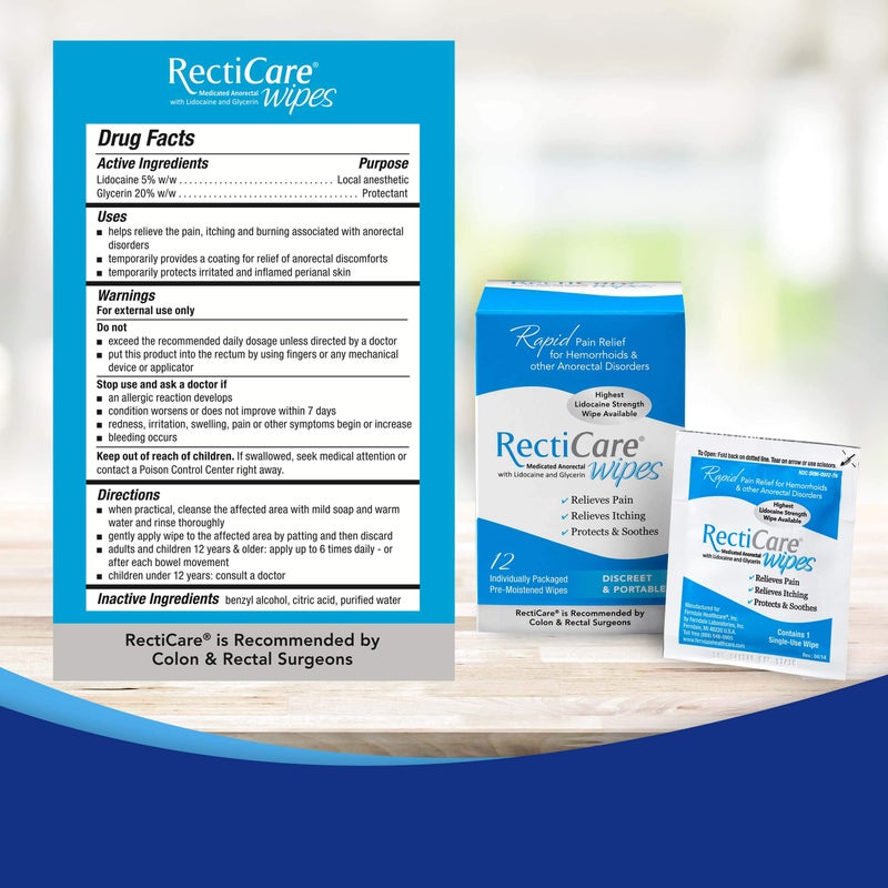 RectiCare Medicated Anorectal Wipes â€“ Maximum Strength Topical Numbing â€“ 5% Lidocaine & Glycerin â€“ 12 Pack - Image 2