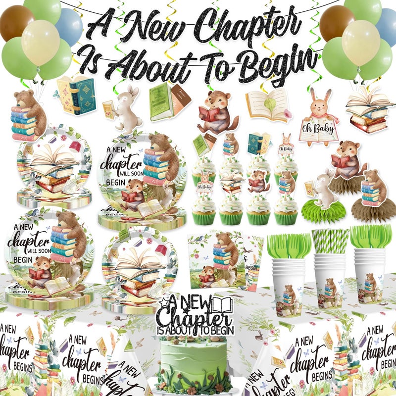 Yingoto 193pcs Storybook Baby Shower Decorations Tableware Set, for 25 Guests, Story Book Baby Shower Decorations, for Book Themed Party, includes banner, plates, napkins, tablecloths - Image 1