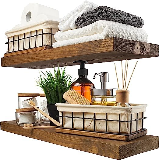 ODEJIA Wood Floating Shelves Set of 2 Rustic Shelf 24 inch Made in Europe Wide Wooden Wall Shelves for Living Room Bedroom Kitchen Bathroom Farmhouse Walnut Color 24D x 67W x 12H - Image 1