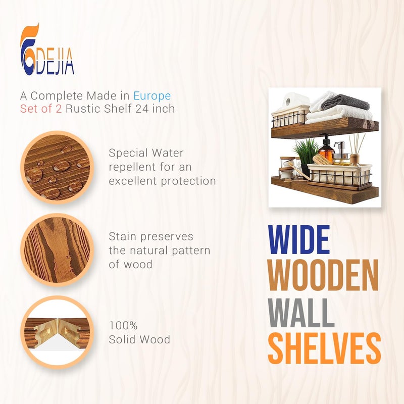 ODEJIA Wood Floating Shelves Set of 2 Rustic Shelf 24 inch Made in Europe Wide Wooden Wall Shelves for Living Room Bedroom Kitchen Bathroom Farmhouse Walnut Color 24D x 67W x 12H - Image 5