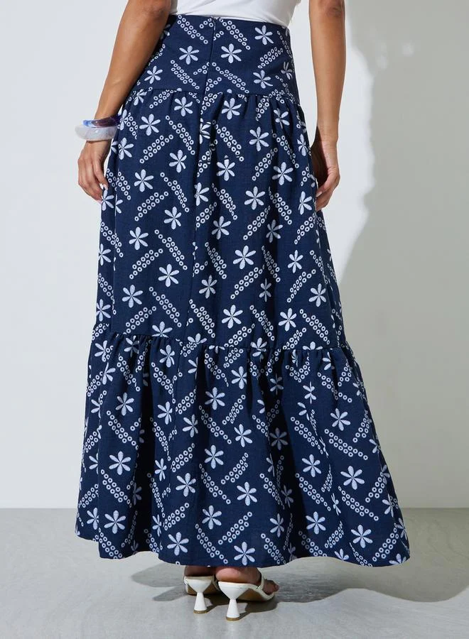 Styli  Blue Floral Embroidery Jacquard Fabric Pleated A-Line Maxi Skirt for Women | Best Price UAE
