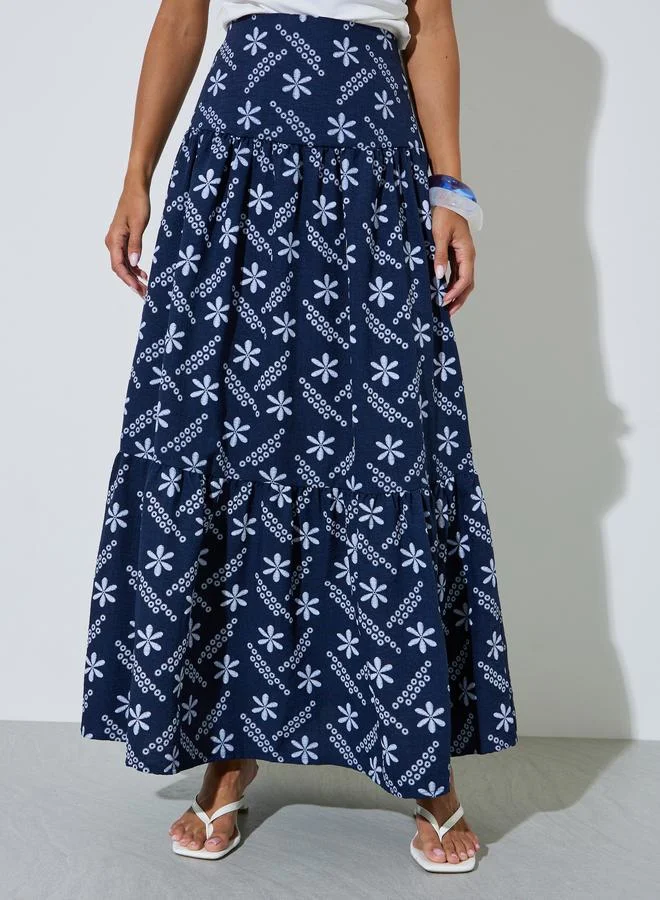 Styli Blue Floral Embroidery Jacquard Fabric Pleated A-Line Maxi Skirt