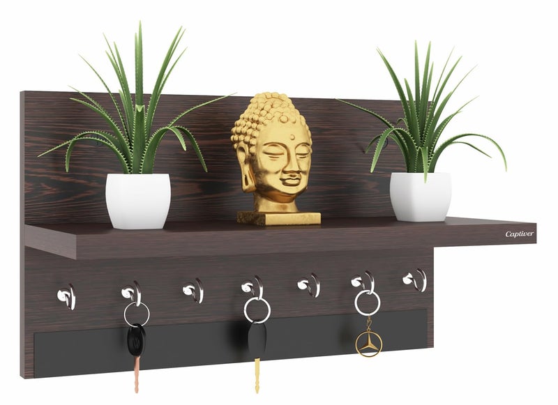 Captiver حامل مفاتيح خشبي MDF مثبت على الحائط مع قاعدة تخزين (7 خطافات، ونج) - Image 1