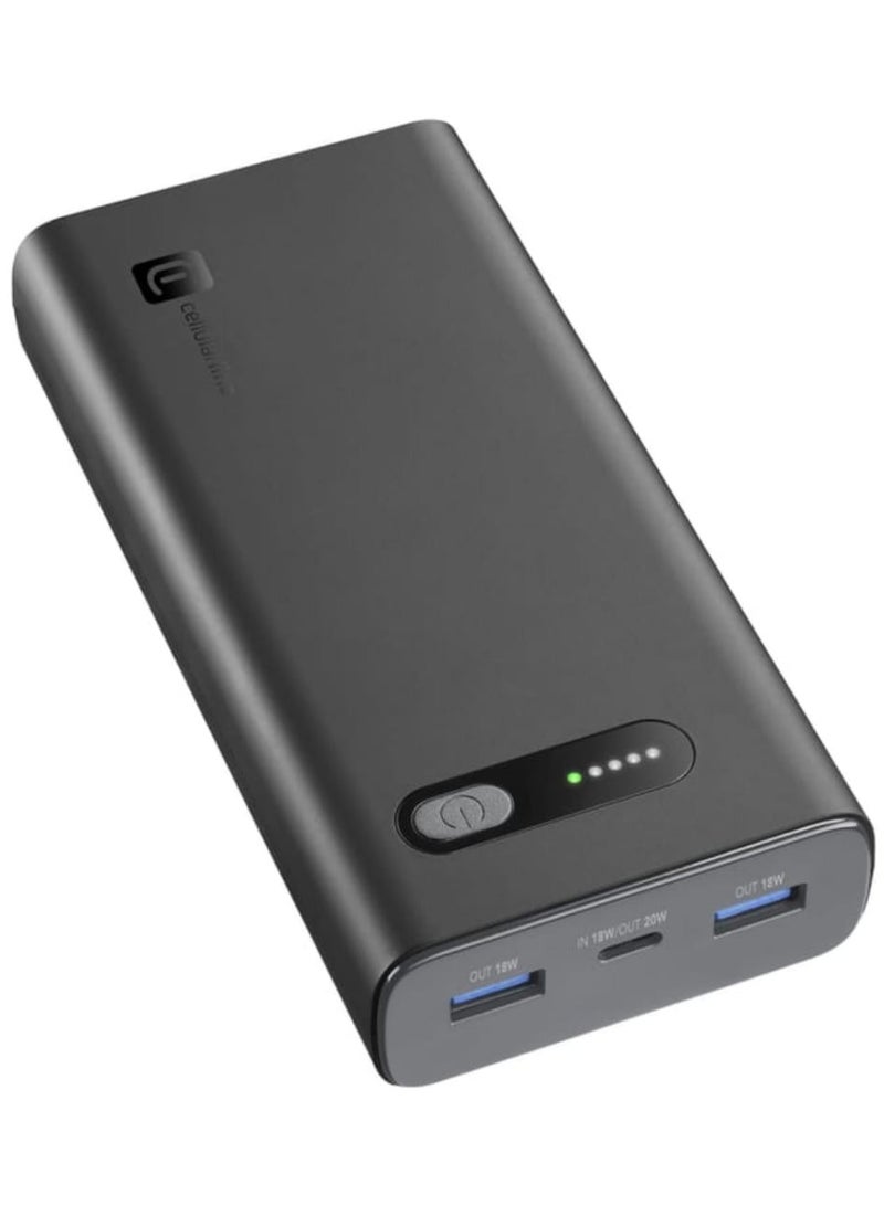سيلولار لاين يتمتع بنك الطاقة CELLULARLINE هذا بسعة بطارية مذهلة تبلغ 20000 مللي أمبير في الساعة، مما يضمن شحنات متعددة لهاتفك الذكي والأجهزة الأخرى. - Image 1