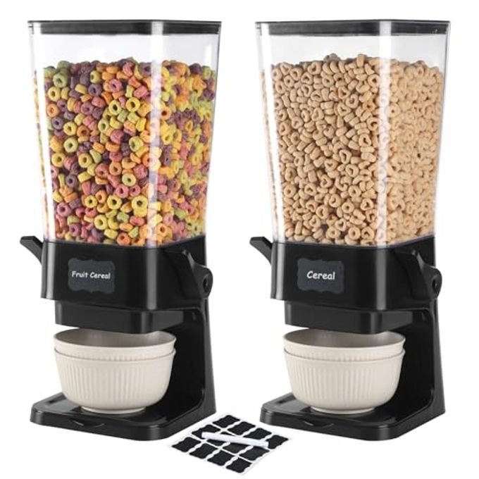 Qozzix Cereal Dispenser Countertop with Cereal Bowls,16 Labels & Pen, Cereal Containers Storage, Candy Dispenser, Dry Food Dispenser For Pantry - Not Easy to Crush Food (Black, 2 Pack)