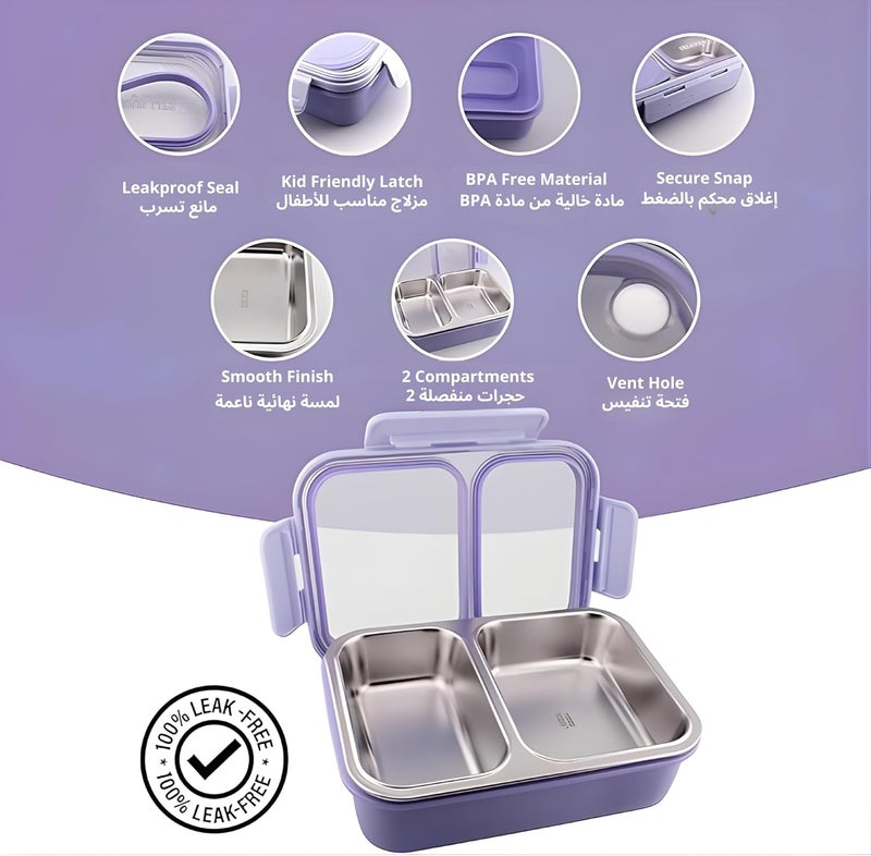 Cravista Stainless Steel Bento Lunch Box, Leak Proof Lunchbox for Kids, BPA Free Bento Box for Kids and Adults | Tiffin for Office and School (Purple, 700 ML, 2 Compartment) - Image 3