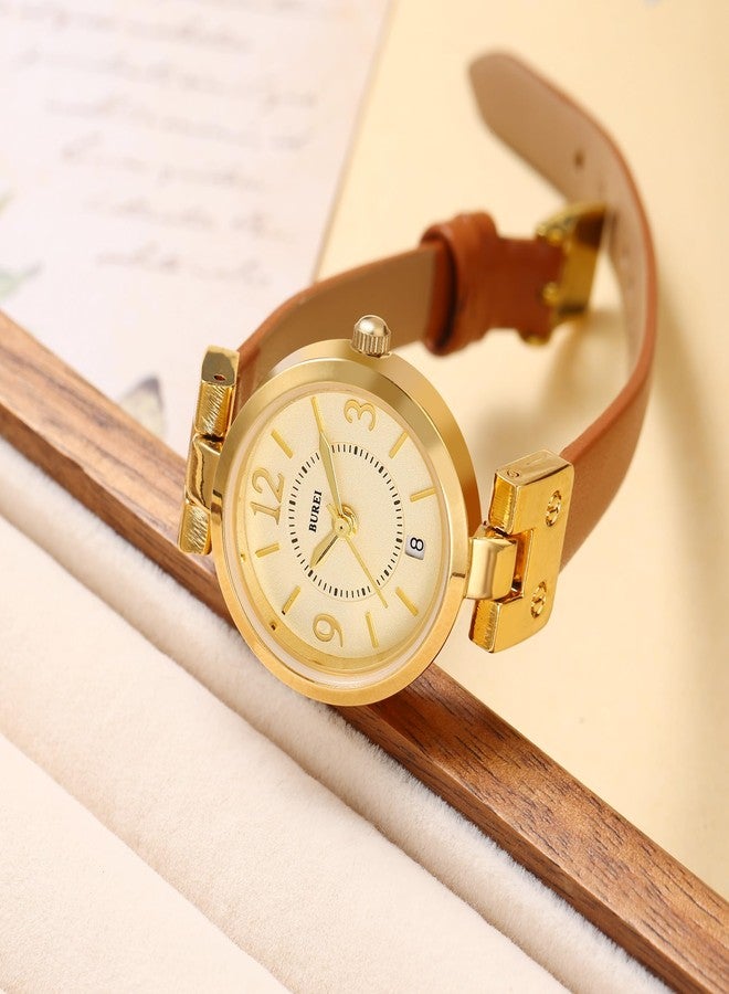 BUREI Women's Luxury Quartz Waterproof Pointer Watch with Simple Leather Strap - Exquisite Small Women's Watch, White Pink Gold - Image 4