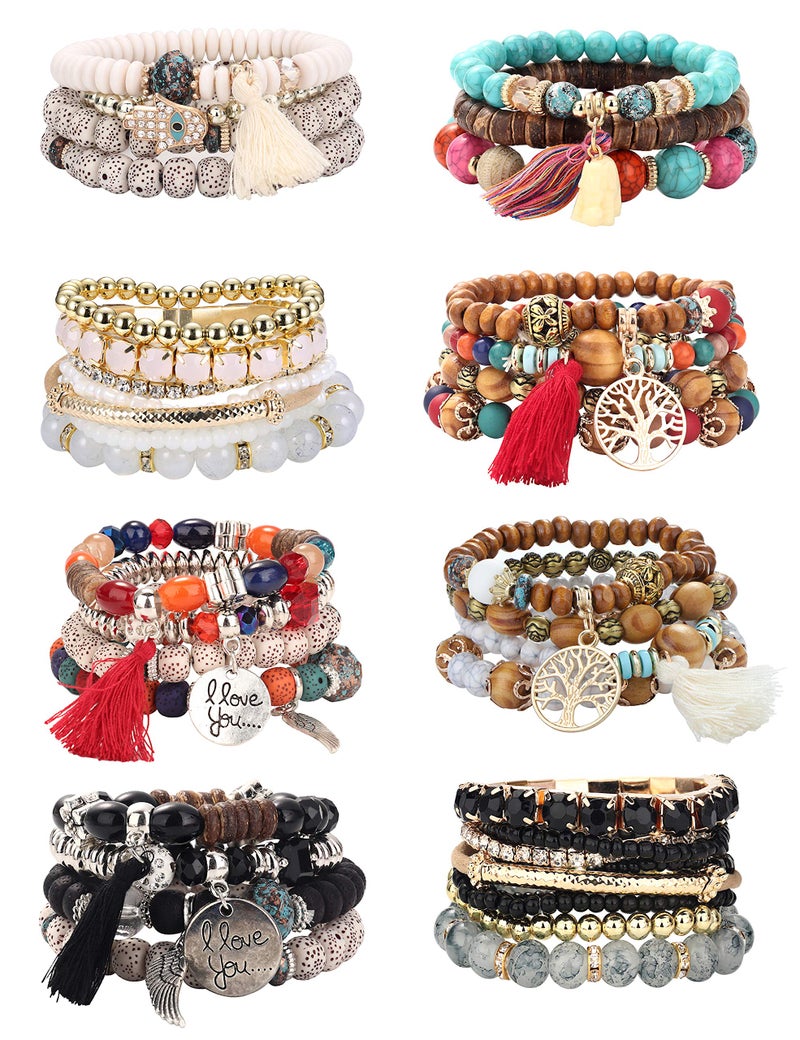LOYALLOOK 8 Sets Bohemian Stackable Bead Bracelets for Women Stretch Multilayered Boho Stackable Bracelets Stack Beads Multicolor Beaded Strand Bangle Charm Bracelets Boho Tassel Bracelet Set Handmade - Image 1