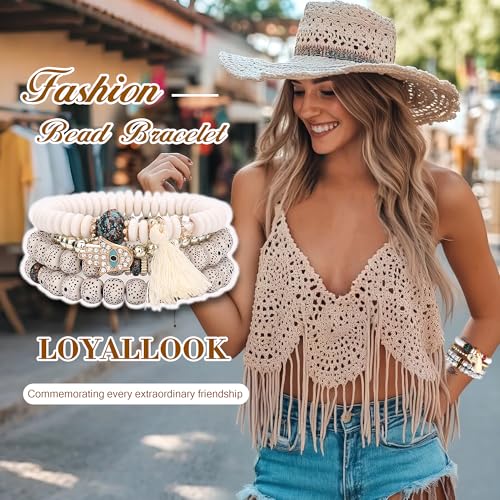 LOYALLOOK 8 Sets Bohemian Stackable Bead Bracelets for Women Stretch Multilayered Boho Stackable Bracelets Stack Beads Multicolor Beaded Strand Bangle Charm Bracelets Boho Tassel Bracelet Set Handmade - Image 2