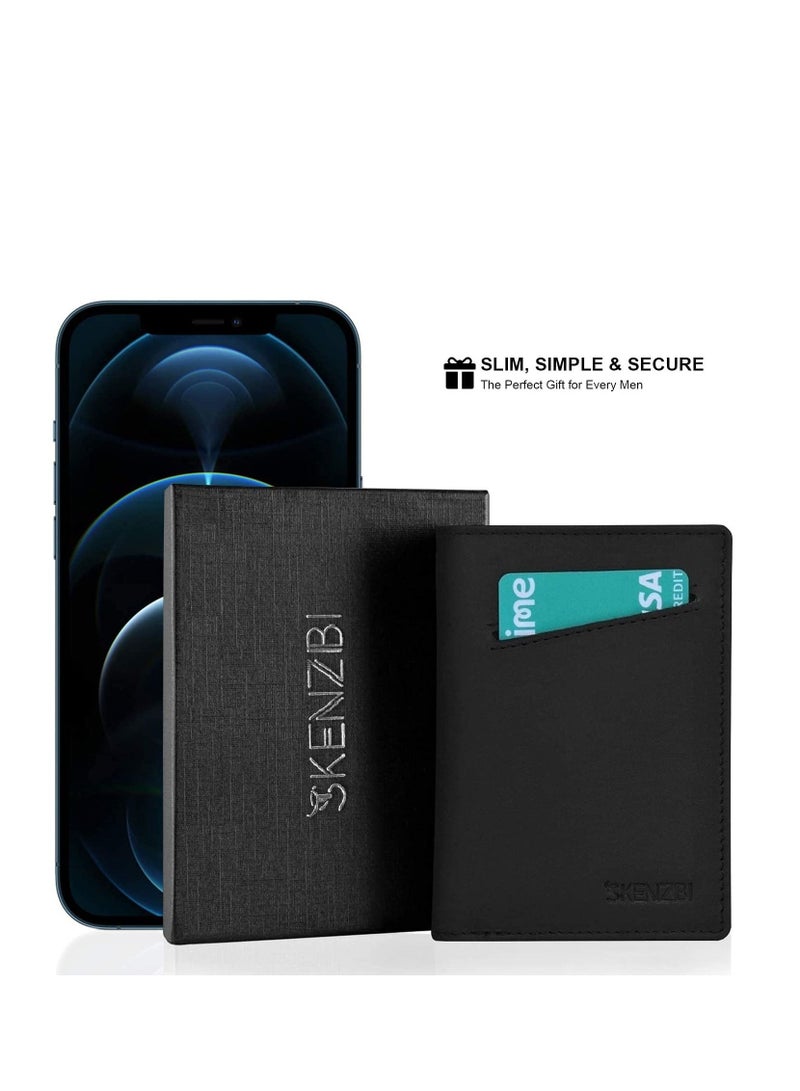 SKENZBI RFID  Leather Minimalist Bifold Wallet For Men Black - Image 3