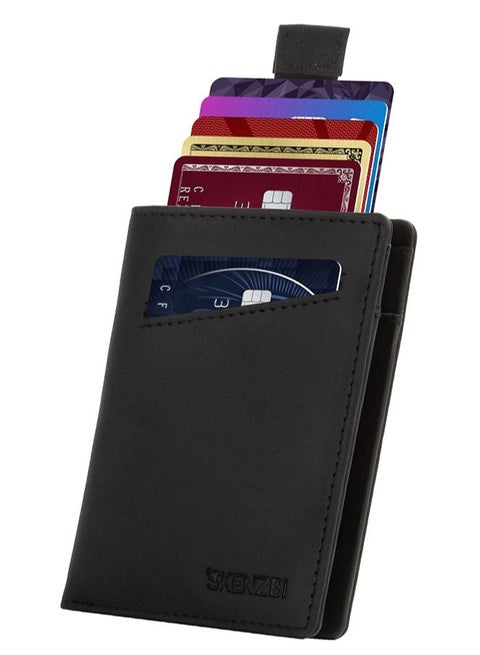 محفظة ثنائية الطي من الجلد RFID للرجال باللون الأسود