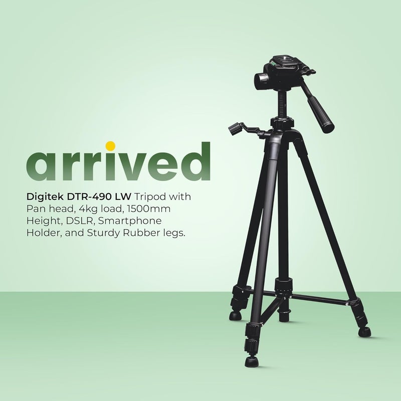 Digitek (DTR-490 LW) Foldable Tripod Stand with Smartphone Holder, Pan Head & Quick Release Plate, 4.92ft Max Height, 4kg Load, Rubberised Legs, 3-Section Adjustable for DSLR & Smartphones - Image 2
