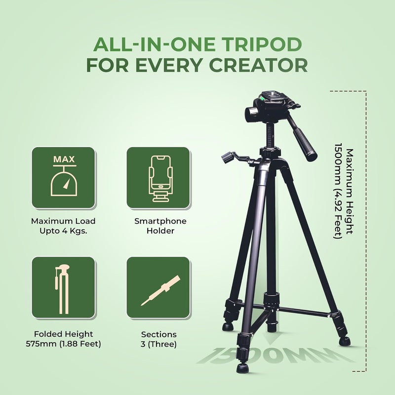 Digitek (DTR-490 LW) Foldable Tripod Stand with Smartphone Holder, Pan Head & Quick Release Plate, 4.92ft Max Height, 4kg Load, Rubberised Legs, 3-Section Adjustable for DSLR & Smartphones - Image 3