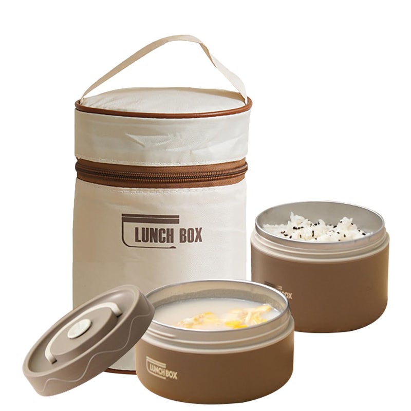 HAPPY HOME Stainless Steel Thermal Bento Box Leakproof Lunch Box,Portable Insulated Lunch Container Set With Bag For Adults, Kids Stackable Stainless Steel Food Container (2 Layer coffee,150ml+350ml) - Image 1