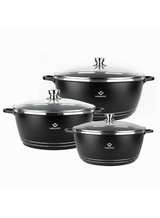 فوجاتي VOGATI 6Pcs Black Titanium Granite Cookware Set with Lids – 32cm, 36cm, 40cm Large Casserole Pots, 100% PFOA Free, Large Non-Stick Pots, Cooking Pot Set for Kitchen & Non Stick Sets for Cooking - Image 1